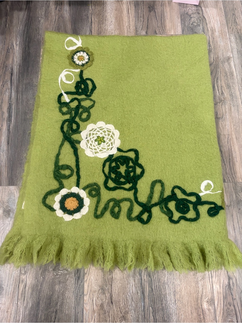 Green Floral Crochet Appliqué Accent Throw Blanket